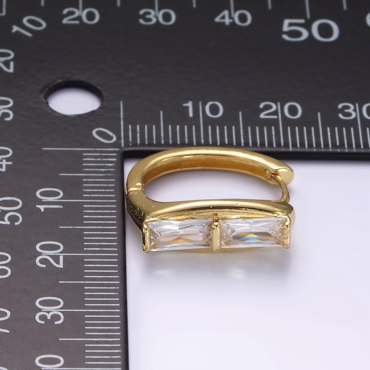 14K Gold Filled Double Clear Baguette Lined 20mm Huggie Earrings | AE917