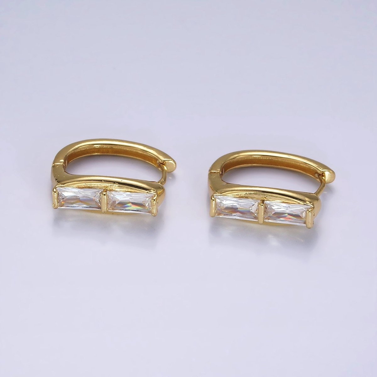 14K Gold Filled Double Clear Baguette Lined 20mm Huggie Earrings | AE917
