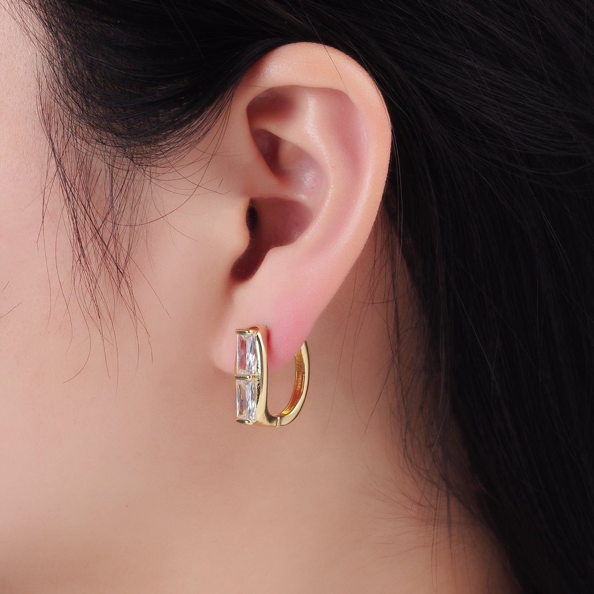 14K Gold Filled Double Clear CZ Baguette Lined 20mm Huggie Earrings | AE519
