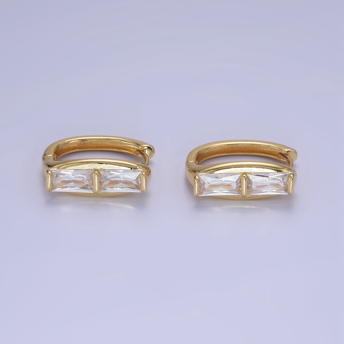 14K Gold Filled Double Clear CZ Baguette Lined 20mm Huggie Earrings | AE519