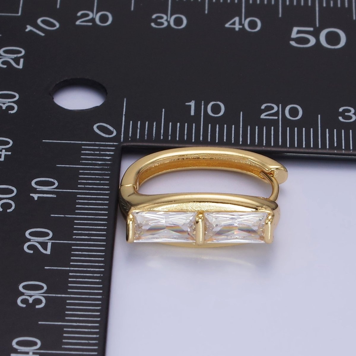 14K Gold Filled Double Clear CZ Baguette Lined 20mm Huggie Earrings | AE519
