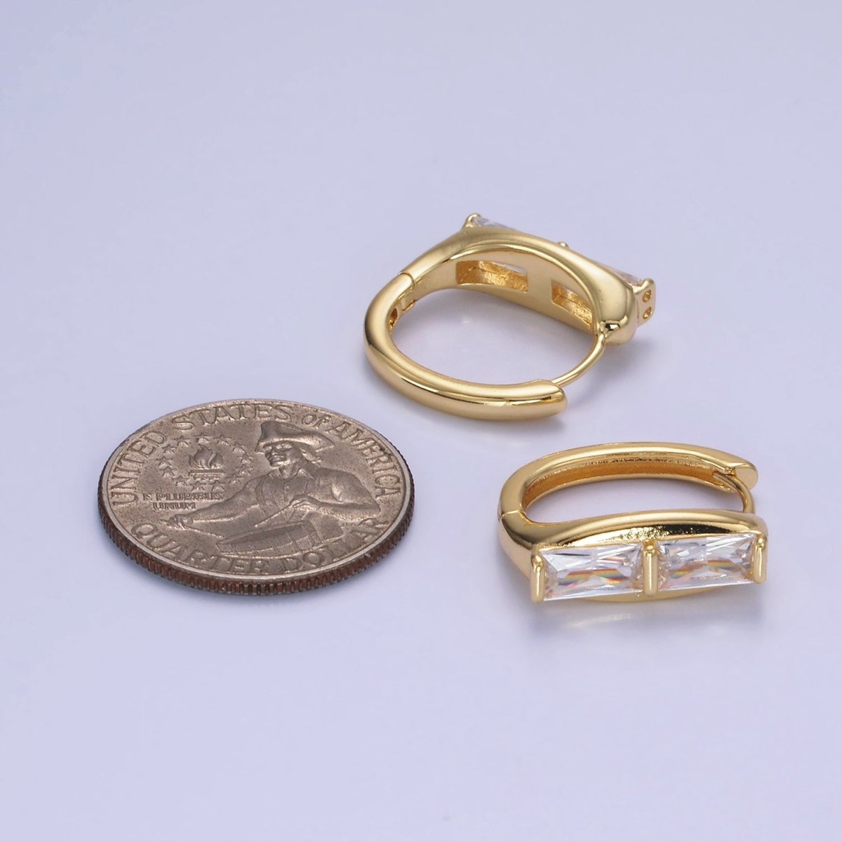 14K Gold Filled Double Clear CZ Baguette Lined 20mm Huggie Earrings | AE519