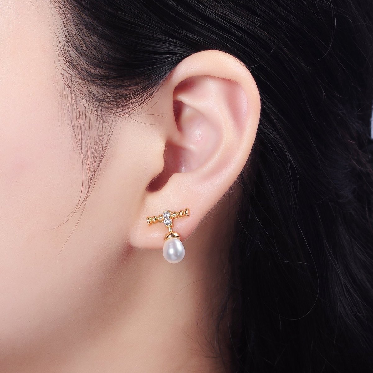 14K Gold Filled Double Clear CZ Bubble Rhondelle Lined Pearl Button Drop Stud Earrings | AE925