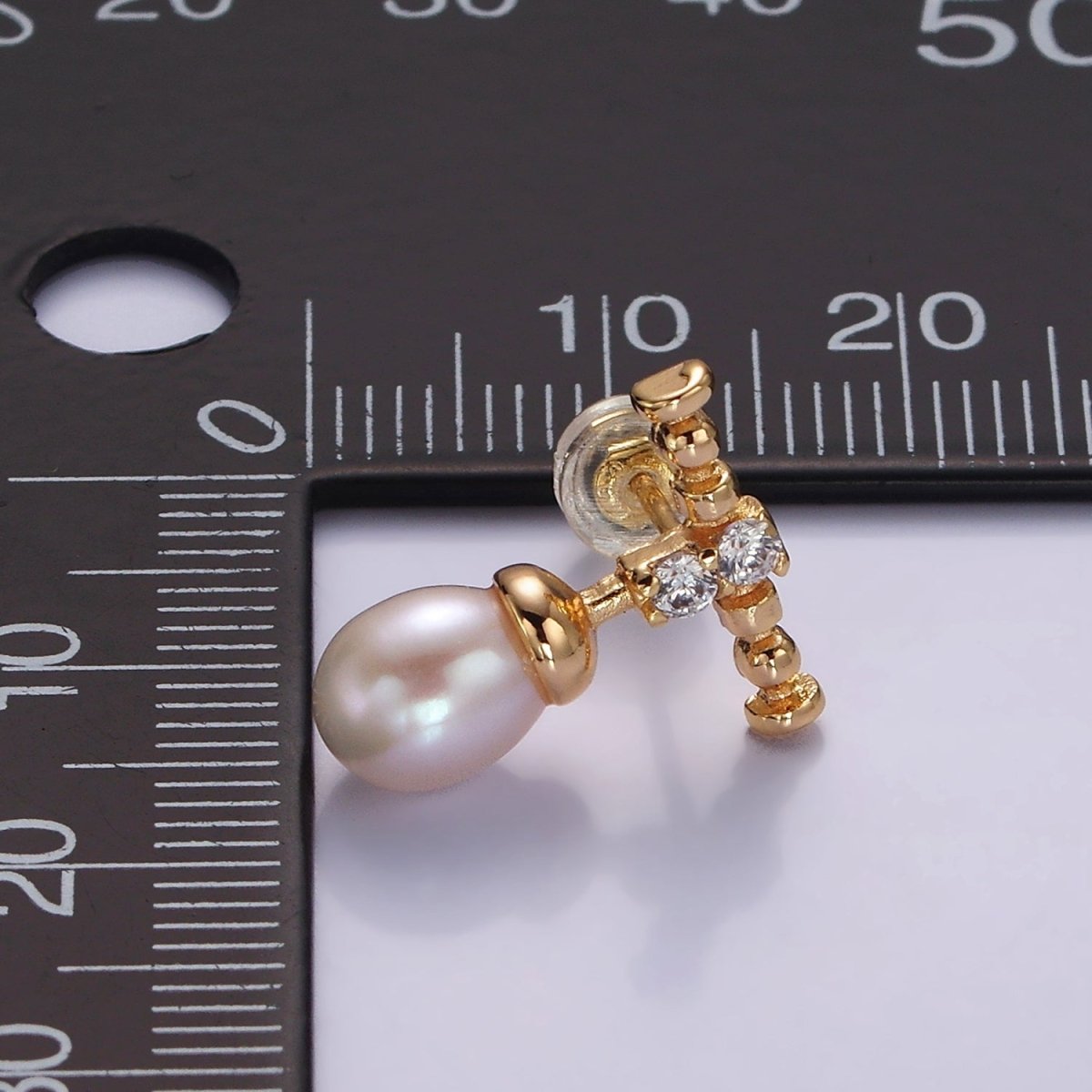 14K Gold Filled Double Clear CZ Bubble Rhondelle Lined Pearl Button Drop Stud Earrings | AE925