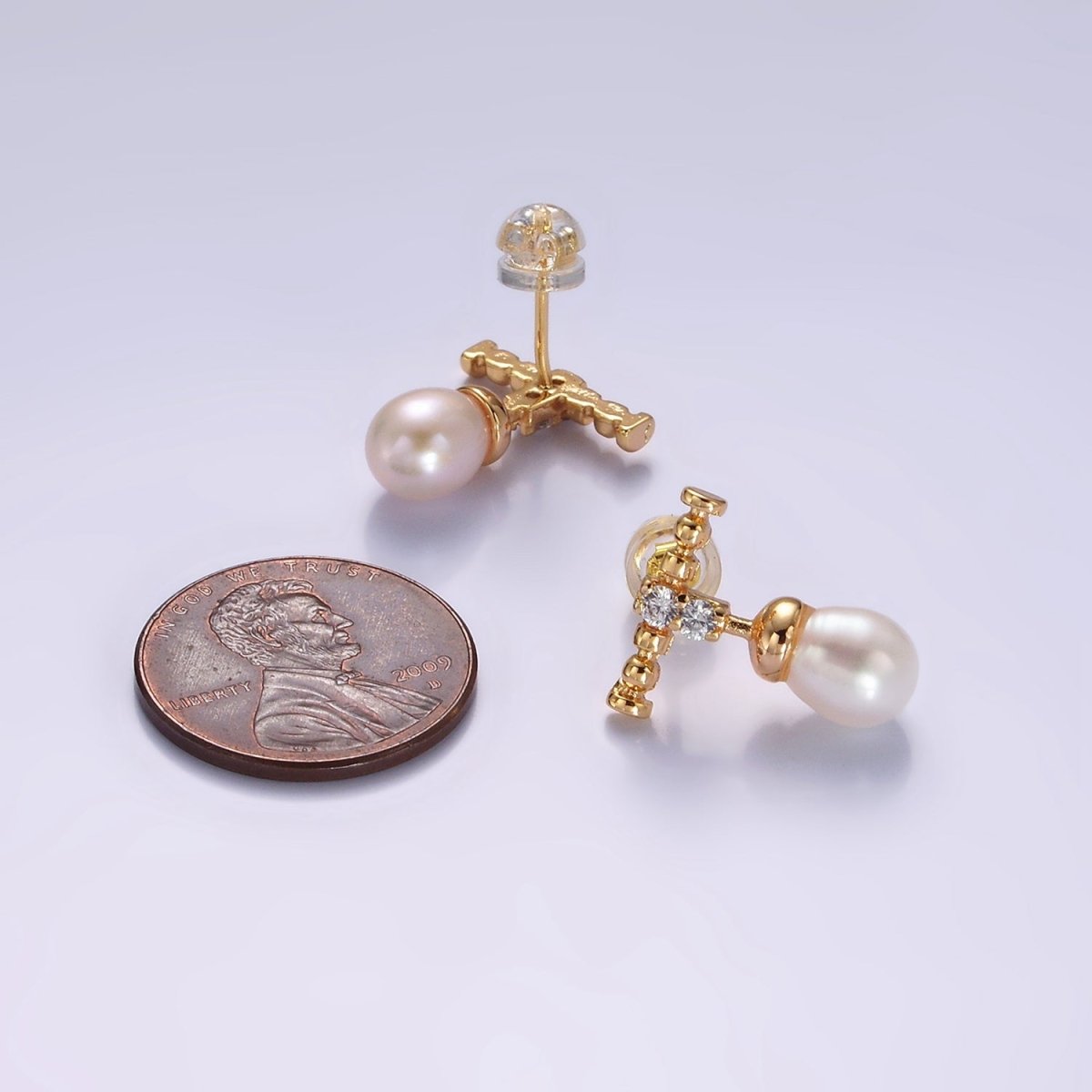 14K Gold Filled Double Clear CZ Bubble Rhondelle Lined Pearl Button Drop Stud Earrings | AE925