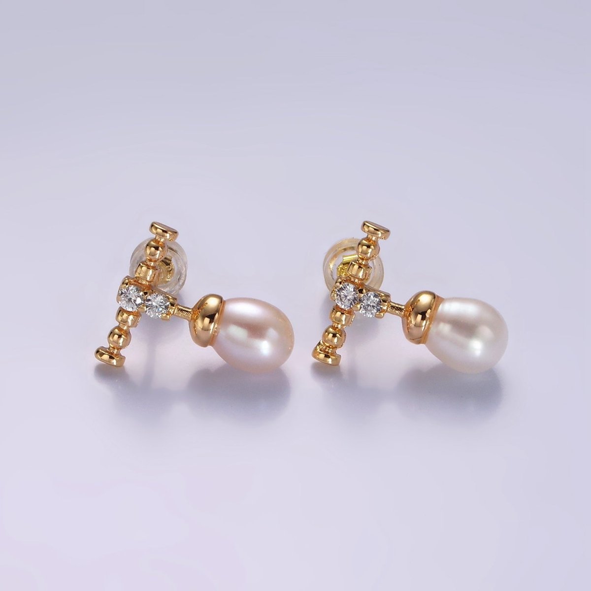 14K Gold Filled Double Clear CZ Bubble Rhondelle Lined Pearl Button Drop Stud Earrings | AE925