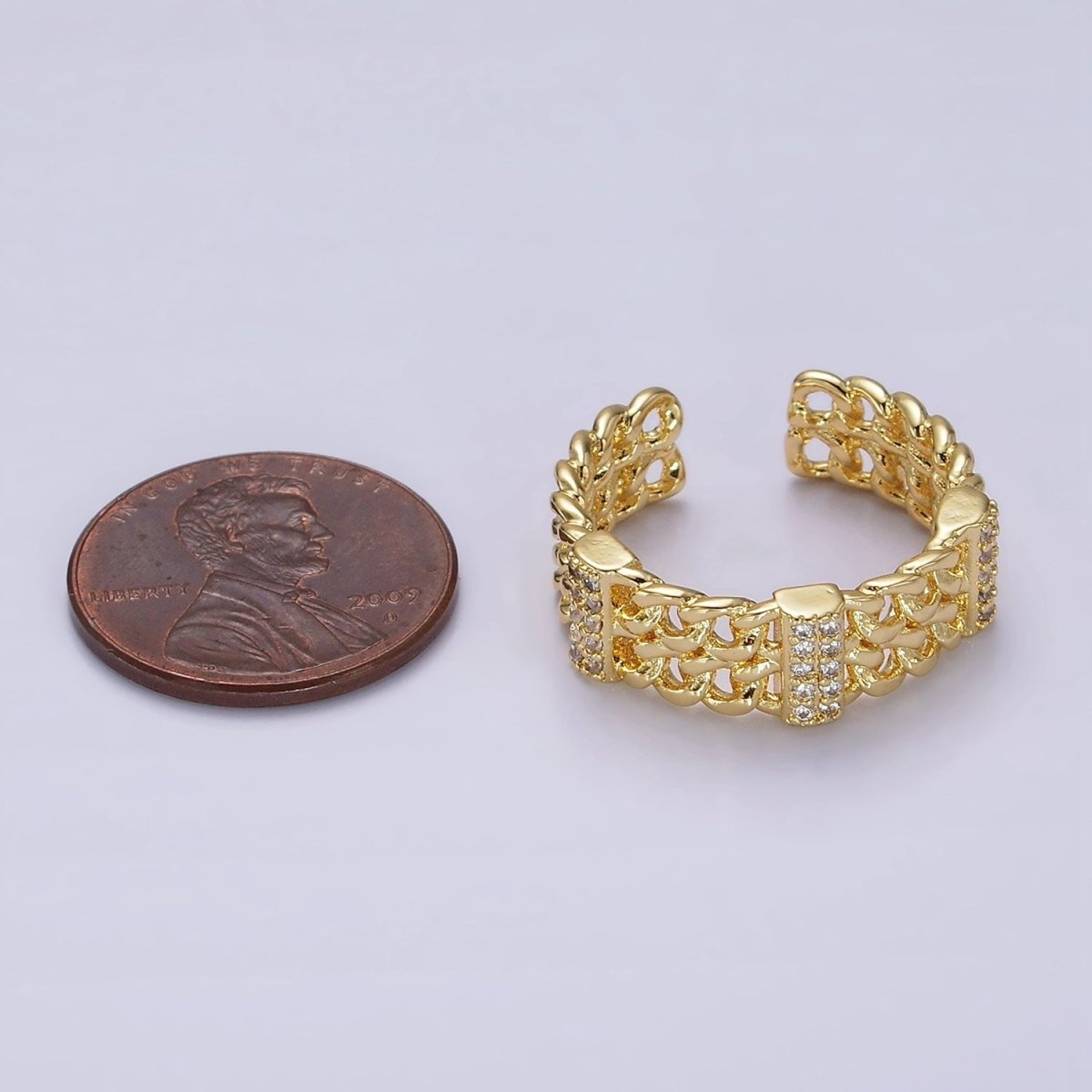 14K Gold Filled Double Curb Chain Link Micro Paved Bar Ring | O1051