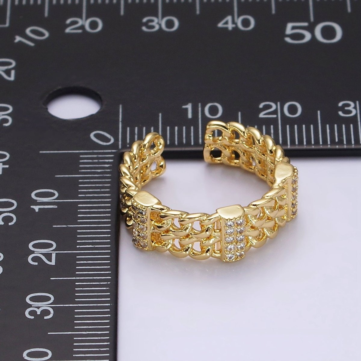 14K Gold Filled Double Curb Chain Link Micro Paved Bar Ring | O1051