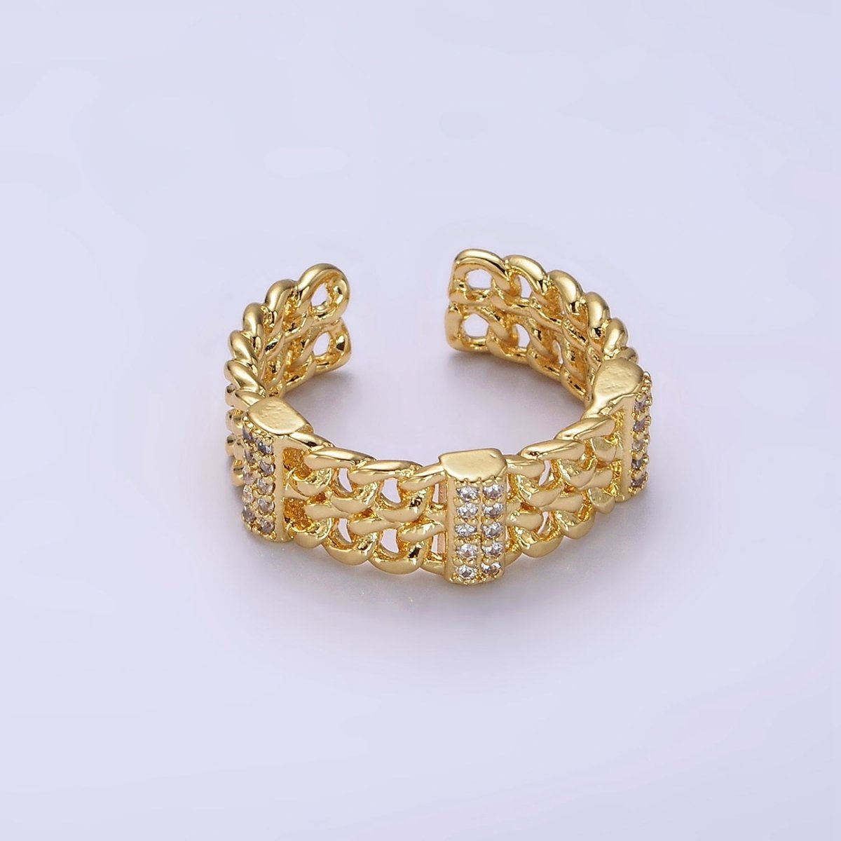 14K Gold Filled Double Curb Chain Link Micro Paved Bar Ring | O1051