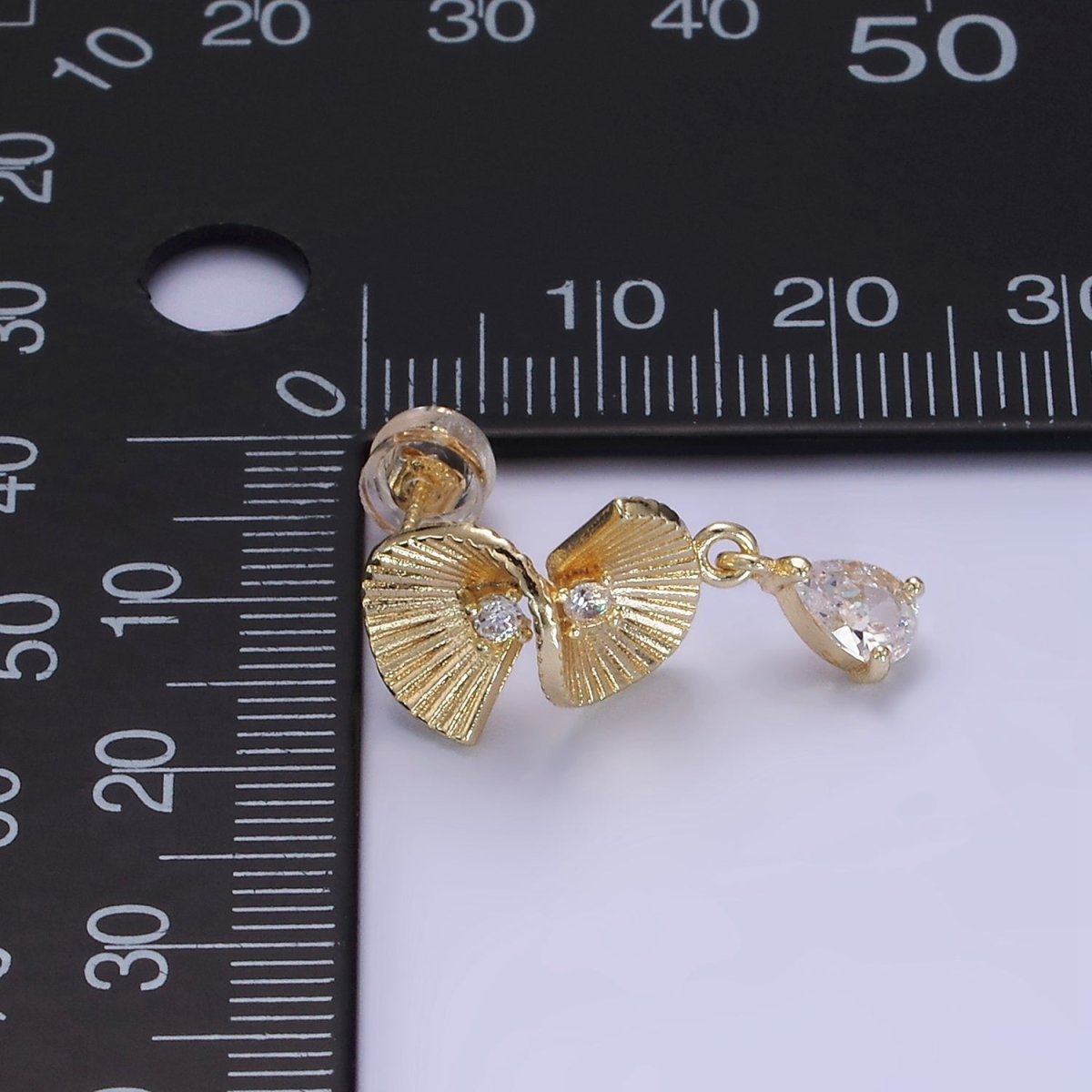 14K Gold Filled Double CZ Sunburst Twirled Teardrop Drop Stud Earrings | AB1275