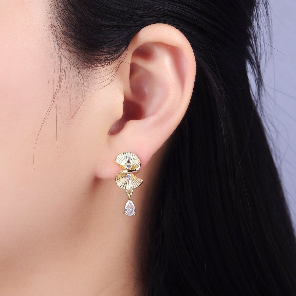 14K Gold Filled Double CZ Sunburst Twirled Teardrop Drop Stud Earrings | AB1275