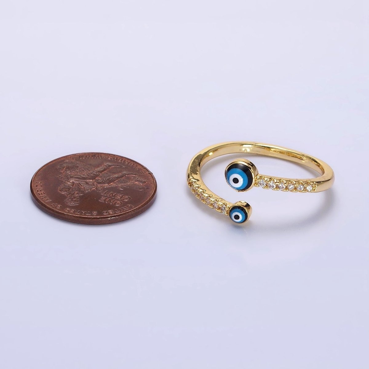 14K Gold Filled Double Evil Eye Enamel Clear Micro Paved CZ Open Ring | O-600