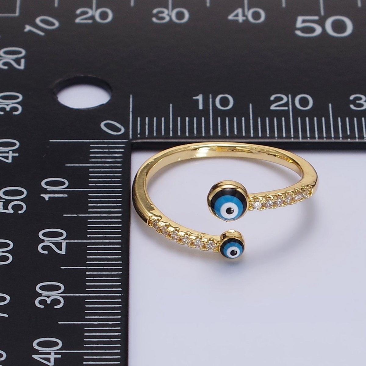 14K Gold Filled Double Evil Eye Enamel Clear Micro Paved CZ Open Ring | O-600