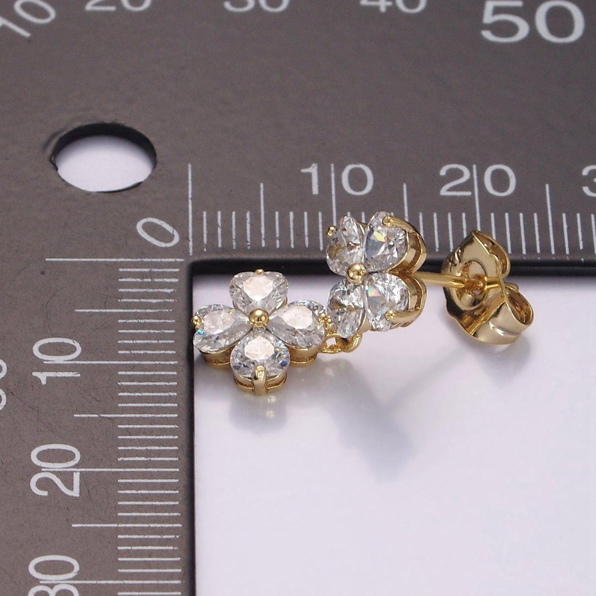 14K Gold Filled Double Flower Clear CZ Petal Drop Stud Earrings | AB1127