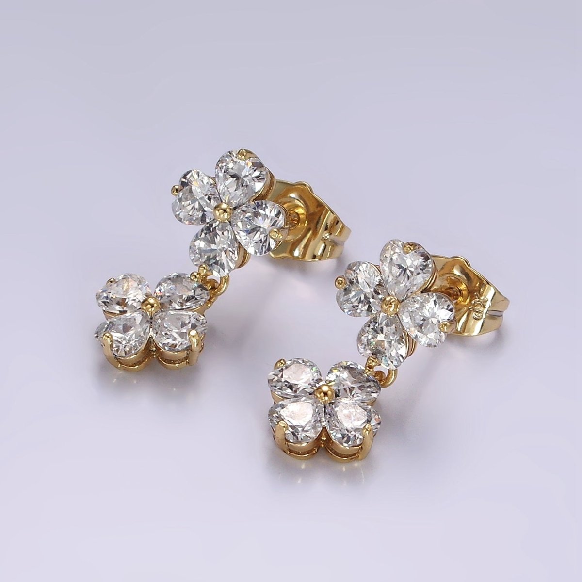 14K Gold Filled Double Flower Clear CZ Petal Drop Stud Earrings | AB1127