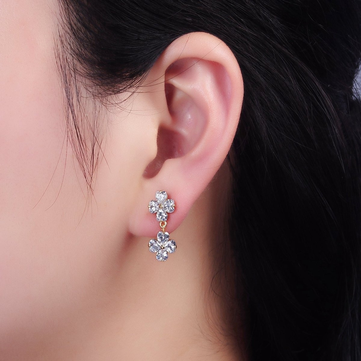 14K Gold Filled Double Flower Clear CZ Petal Drop Stud Earrings | AB1127