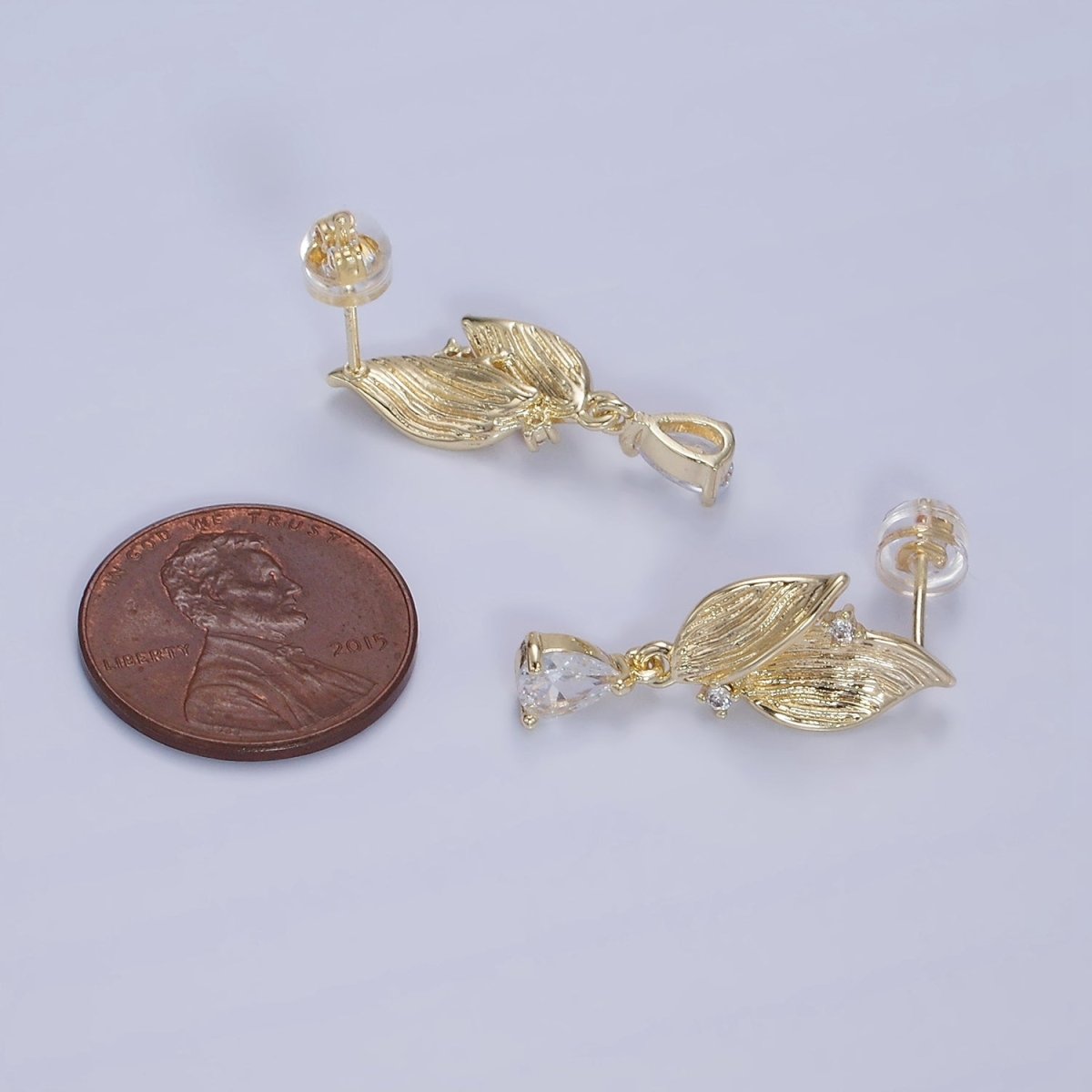14K Gold Filled Double Leaf CZ Teardrop Drop Stud Earrings | AE513