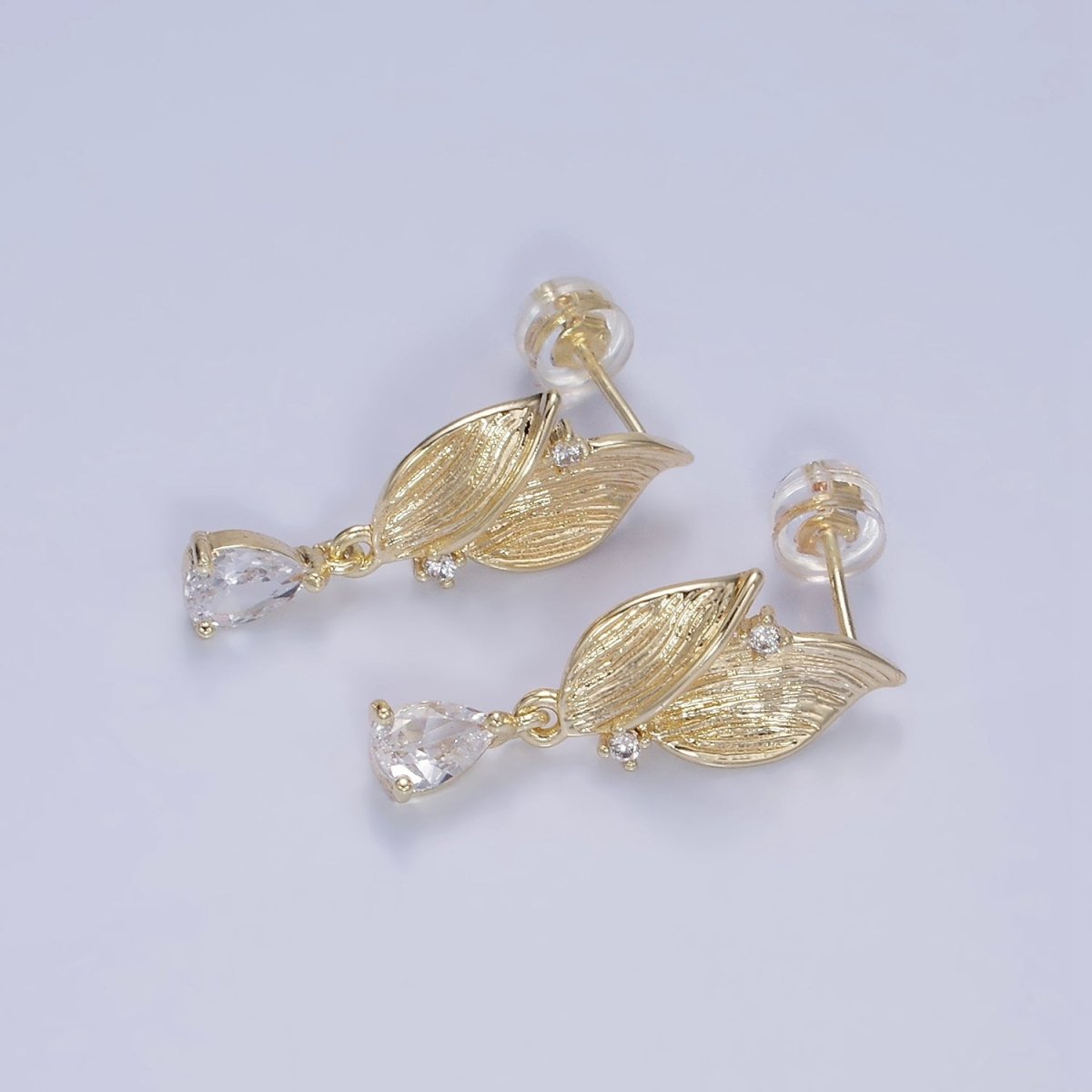 14K Gold Filled Double Leaf CZ Teardrop Drop Stud Earrings | AE513