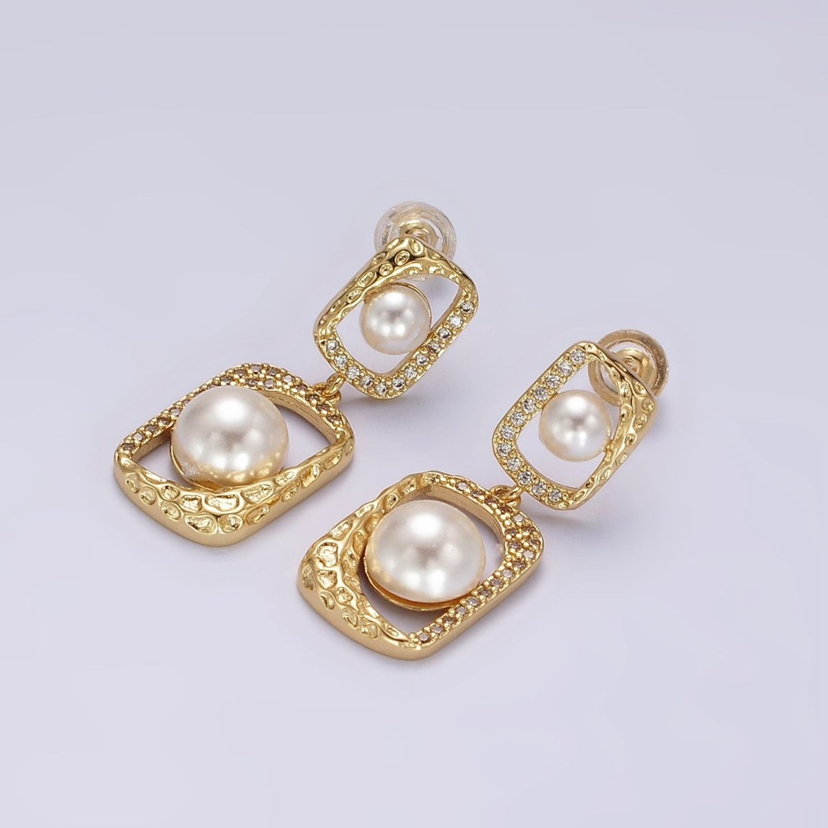14K Gold Filled Double Pearl Open Hammered Micro Paved CZ Rectangular Drop Stud Earrings | AE237