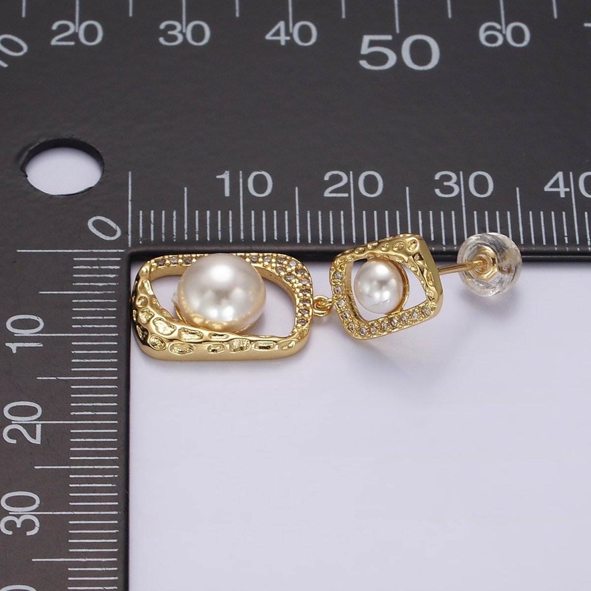 14K Gold Filled Double Pearl Open Hammered Micro Paved CZ Rectangular Drop Stud Earrings | AE237