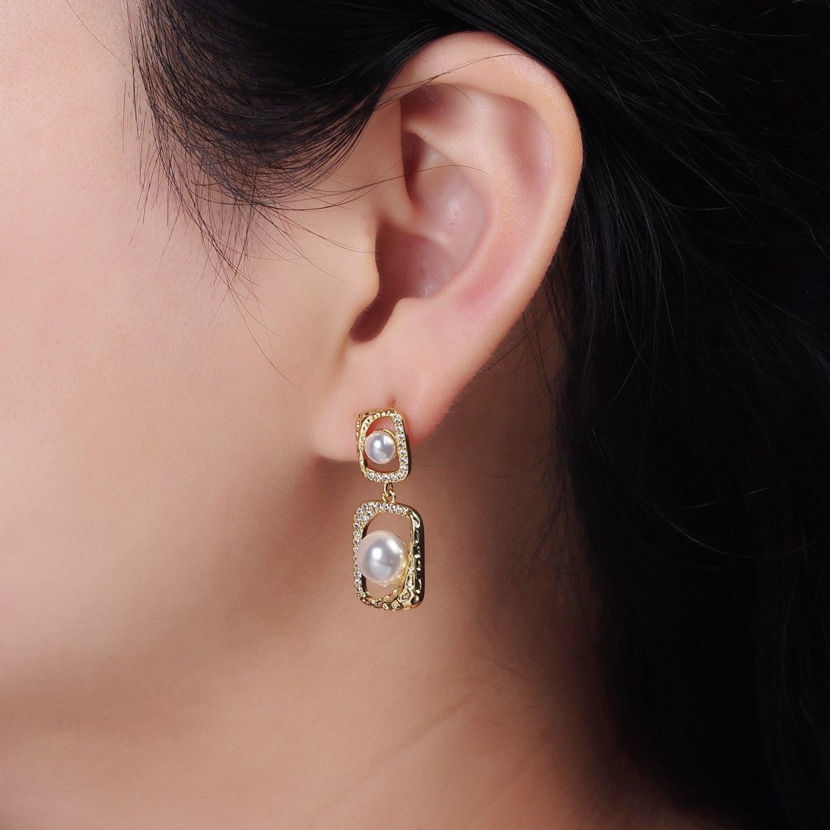 14K Gold Filled Double Pearl Open Hammered Micro Paved CZ Rectangular Drop Stud Earrings | AE237