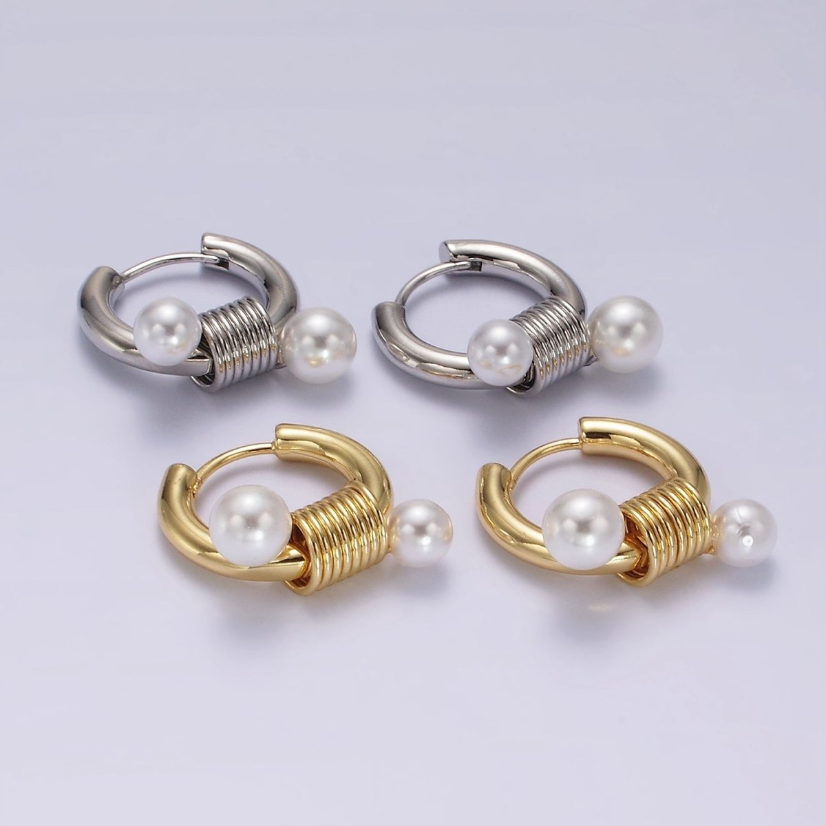 14K Gold Filled Double Pearl Spiral 20mm Huggie Earrings in Gold & Silver | AE197 AE198