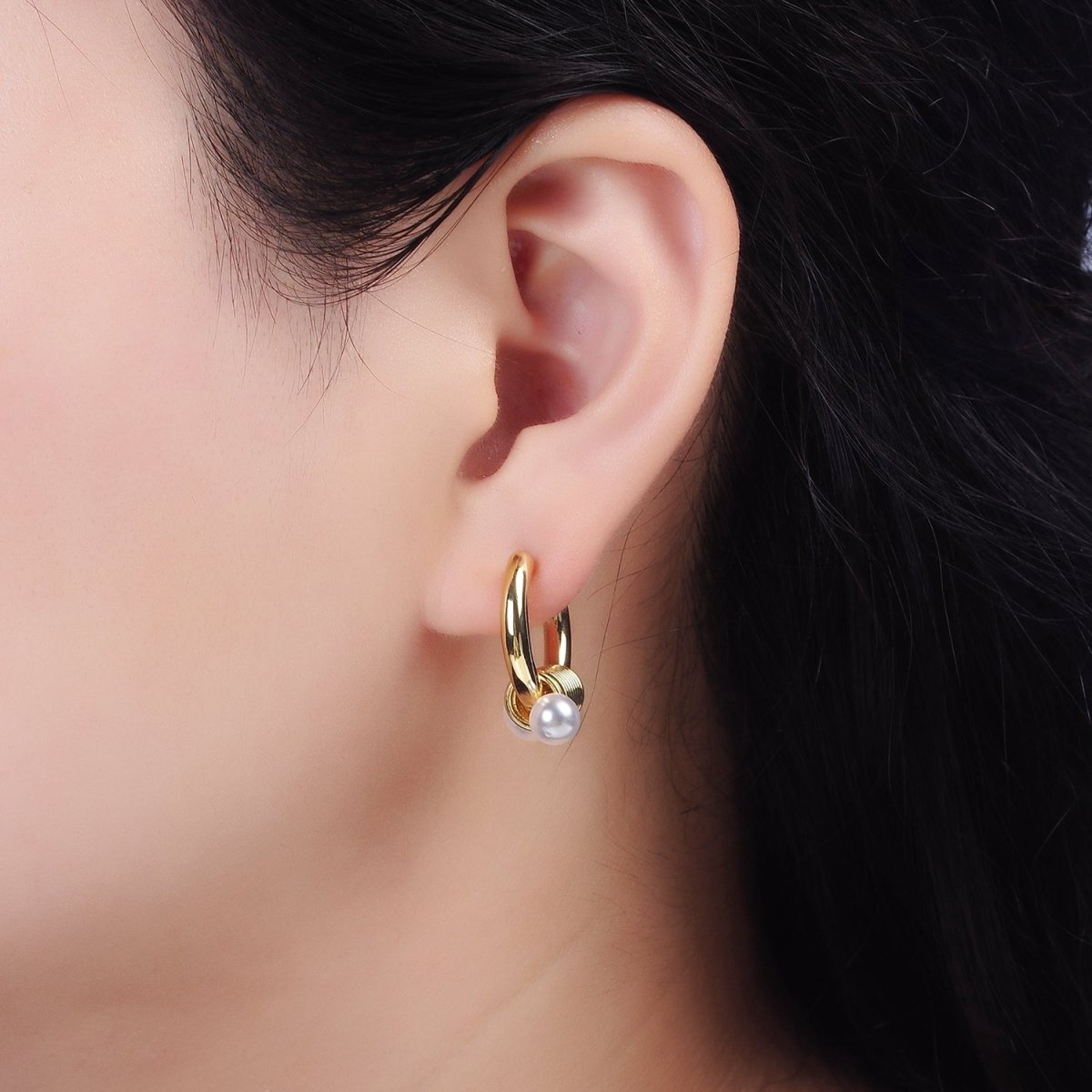 14K Gold Filled Double Pearl Spiral 20mm Huggie Earrings in Gold & Silver | AE197 AE198