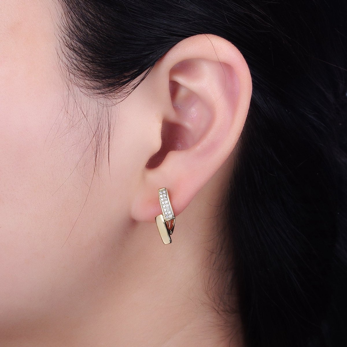 14K Gold Filled Double Rectangular Bar Micro Paved CZ English Lock Earrings | AB1525