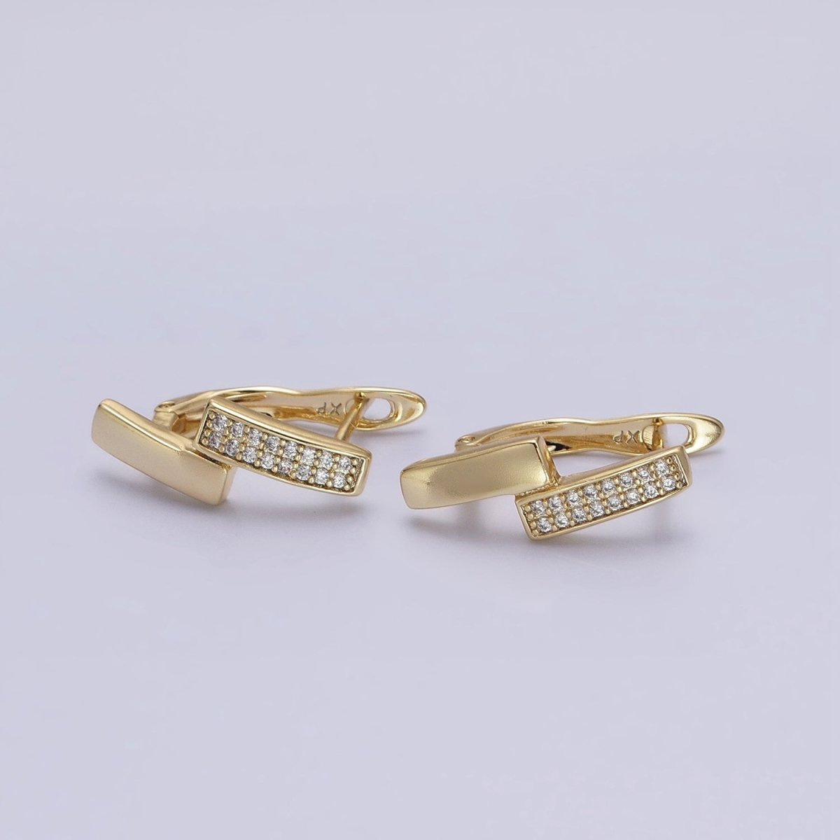 14K Gold Filled Double Rectangular Bar Micro Paved CZ English Lock Earrings | AB1525