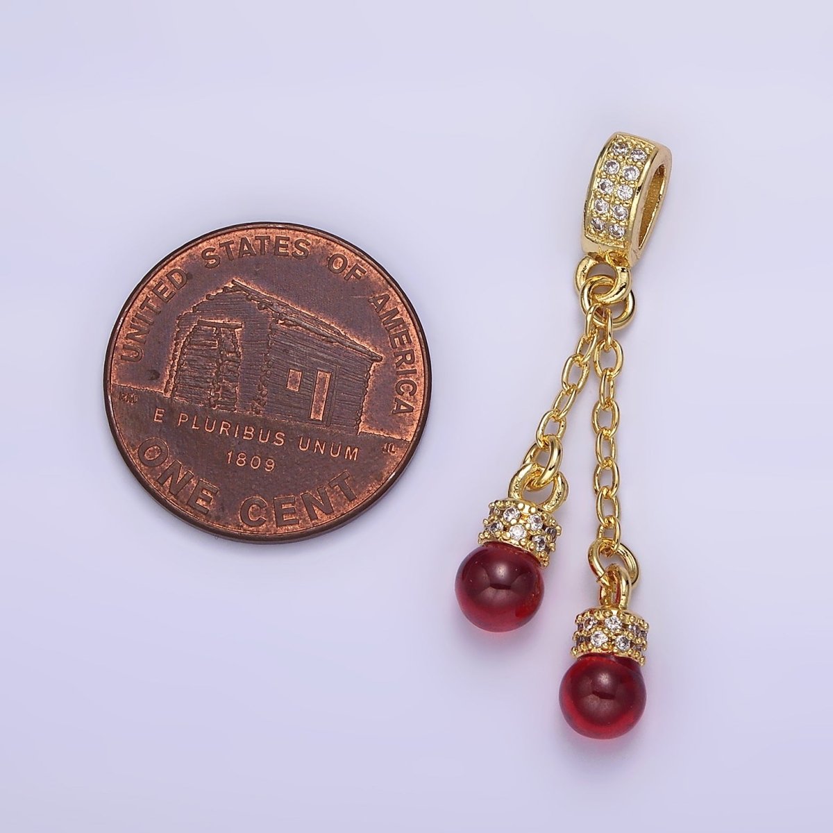 14K Gold Filled Double Red Carnelian Bead Cable Link Micro Paved CZ Bail Pendant | AA654