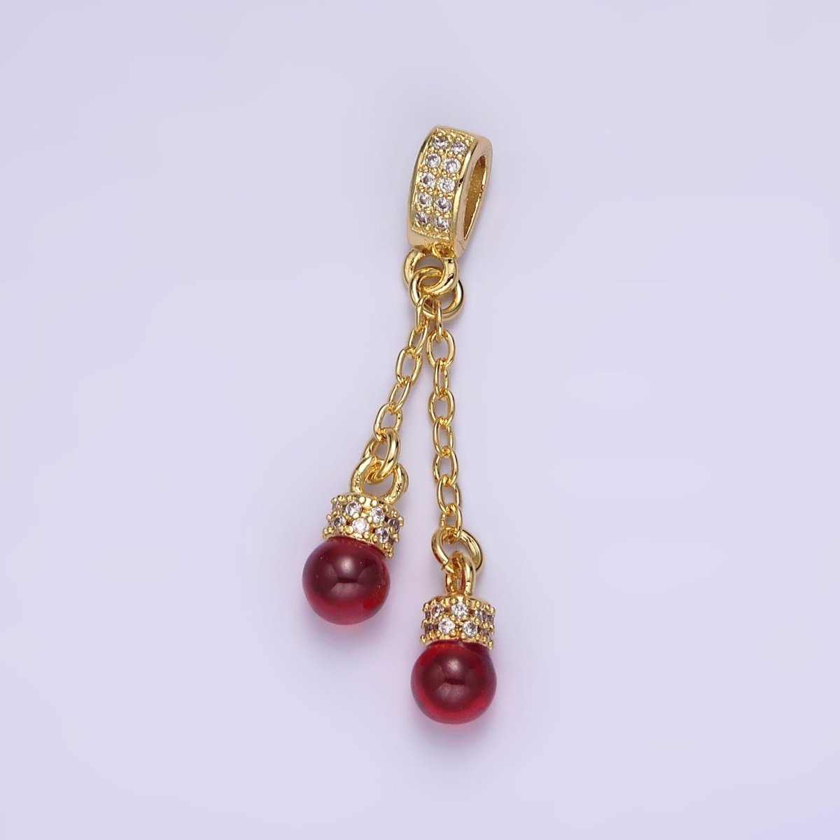 14K Gold Filled Double Red Carnelian Bead Cable Link Micro Paved CZ Bail Pendant | AA654