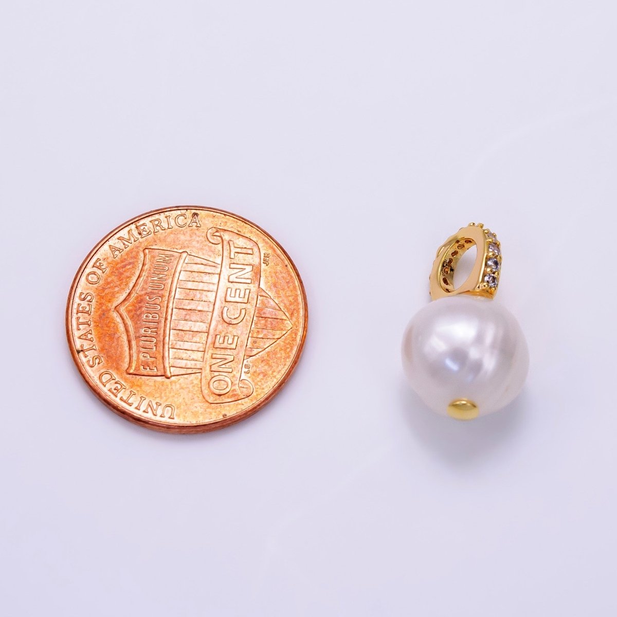14K Gold Filled Double Round Freshwater Pearl Micro Paved CZ Bail Pendant | P1079