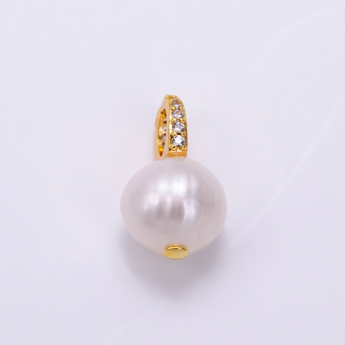 14K Gold Filled Double Round Freshwater Pearl Micro Paved CZ Bail Pendant | P1079
