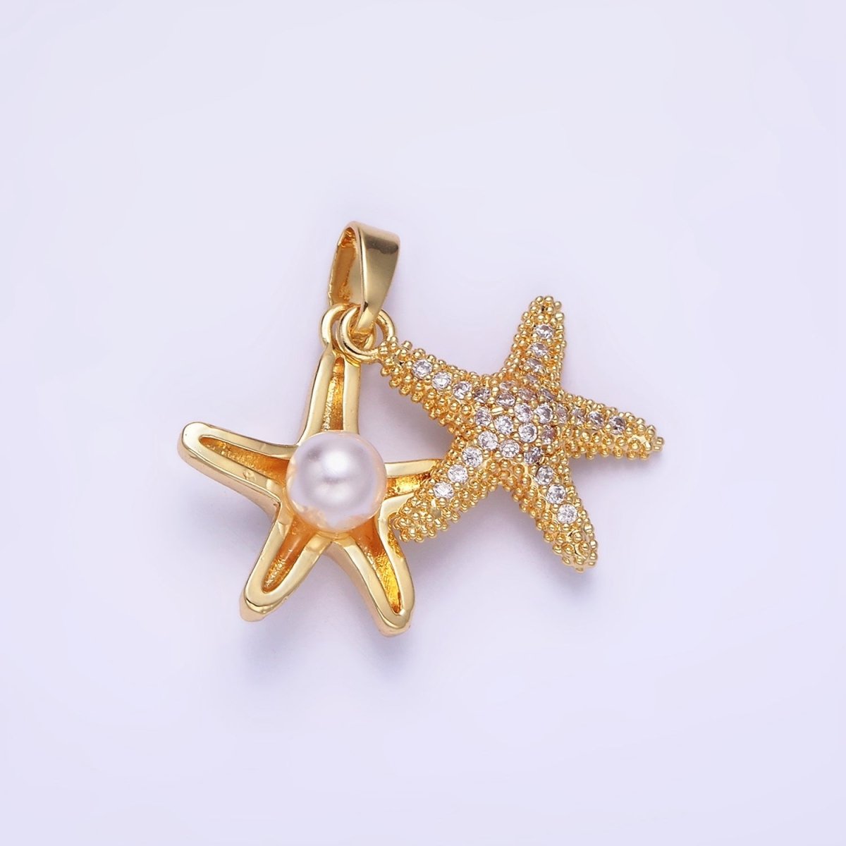 14K Gold Filled Double Starfish Sea Animal Pearl Micro Paved CZ Pendant | AA1170