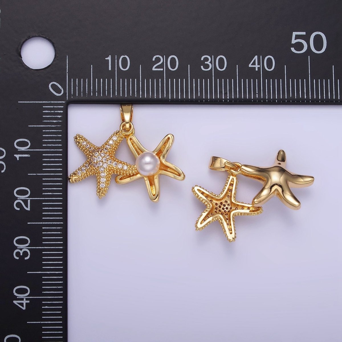 14K Gold Filled Double Starfish Sea Animal Pearl Micro Paved CZ Pendant | AA1170