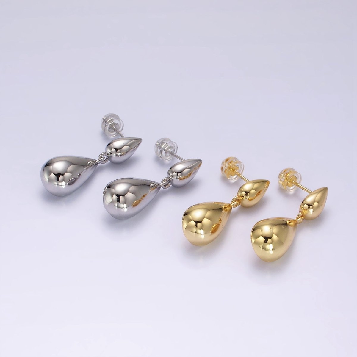 14K Gold Filled Double Teardrop Dome Drop Stud Earrings in Gold & Silver | AE245 AE246