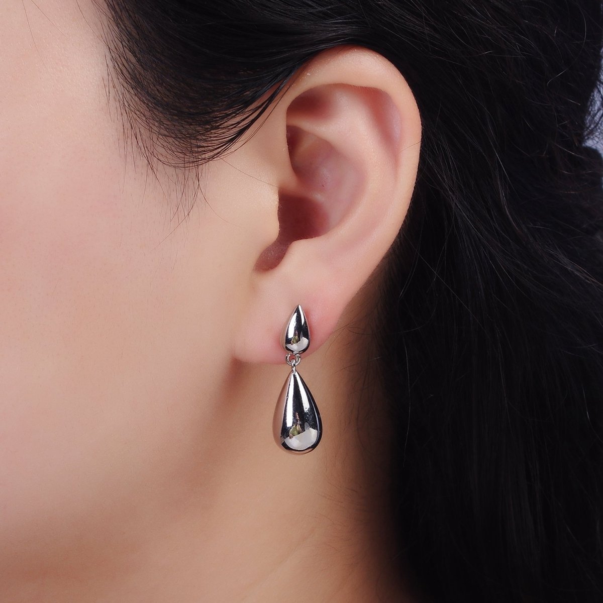 14K Gold Filled Double Teardrop Dome Drop Stud Earrings in Gold & Silver | AE245 AE246