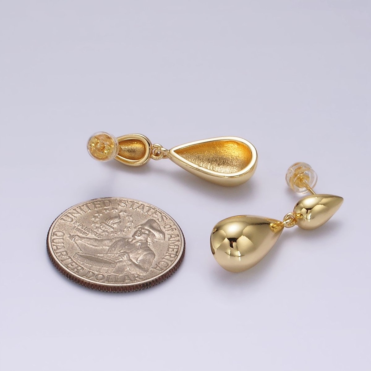 14K Gold Filled Double Teardrop Dome Drop Stud Earrings in Gold & Silver | AE245 AE246