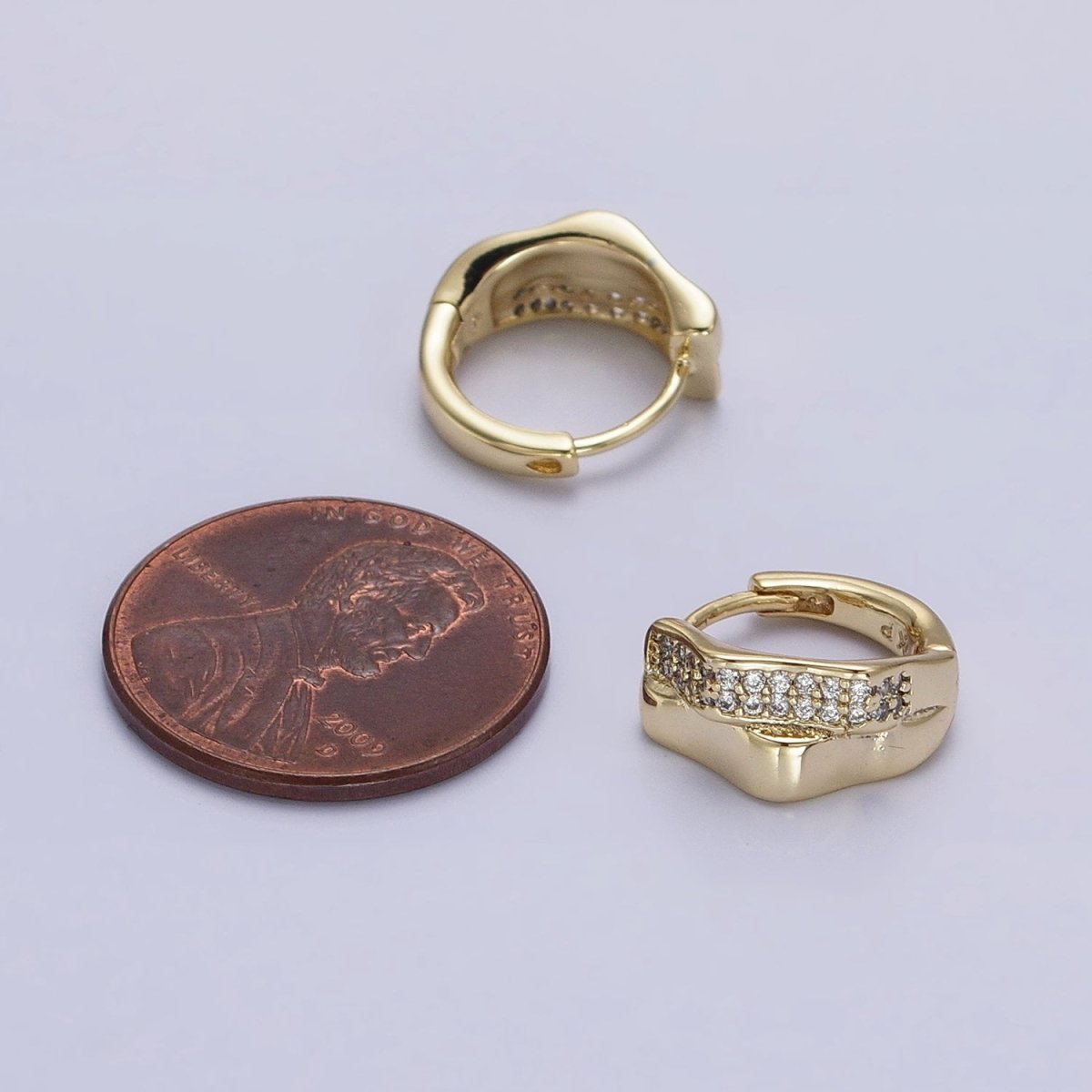 14K Gold Filled Double Wavy Band Micro Paved CZ Geometric Huggie Earrings | AB1524
