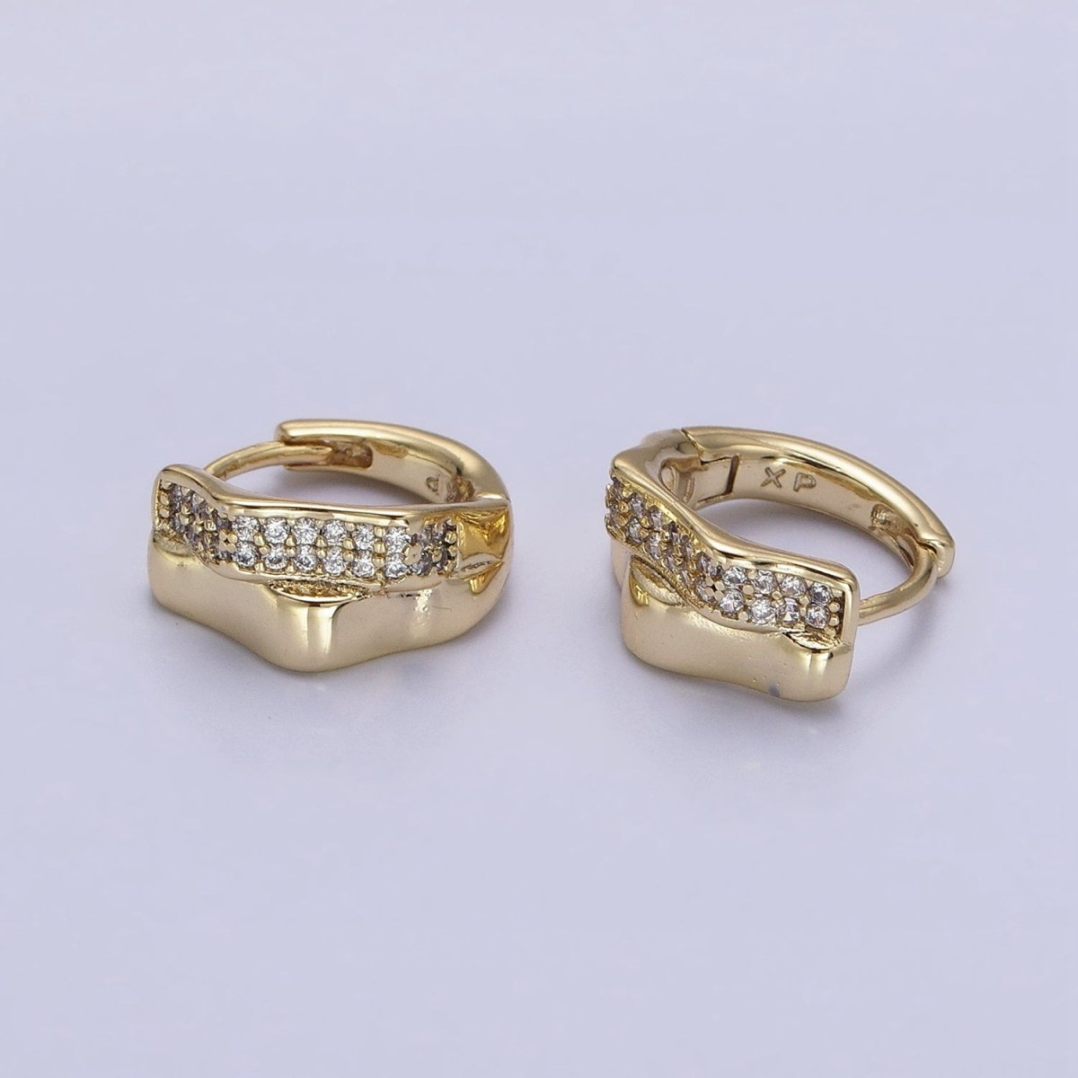 14K Gold Filled Double Wavy Band Micro Paved CZ Geometric Huggie Earrings | AB1524