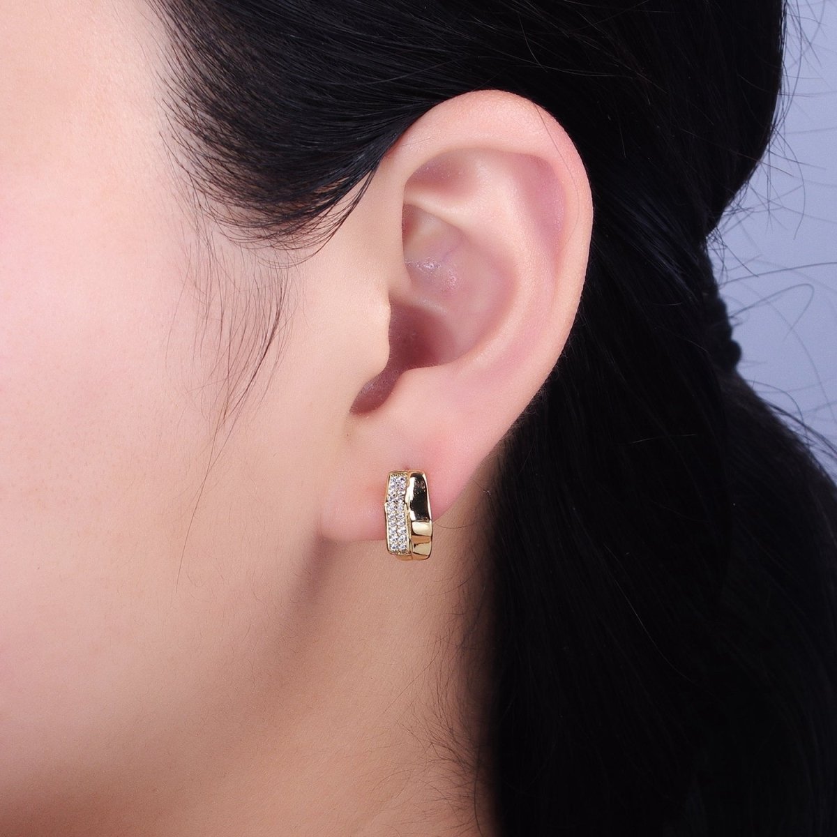 14K Gold Filled Double Wavy Band Micro Paved CZ Geometric Huggie Earrings | AB1524