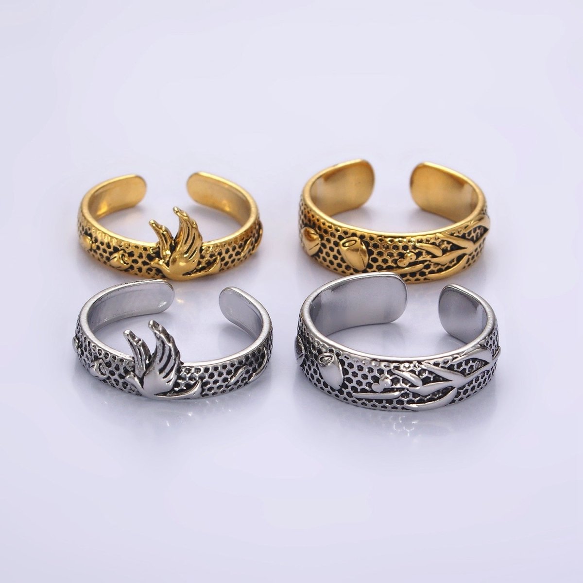 14K Gold Filled Dove Rose Flower Dotted Ring Set in Silver & Gold | O1067