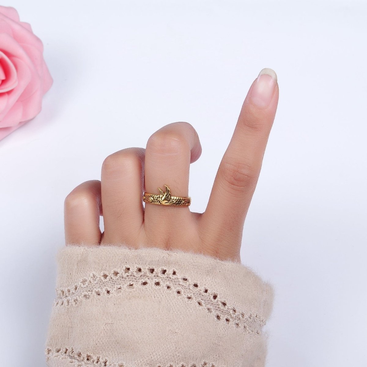 14K Gold Filled Dove Rose Flower Dotted Ring Set in Silver & Gold | O1067