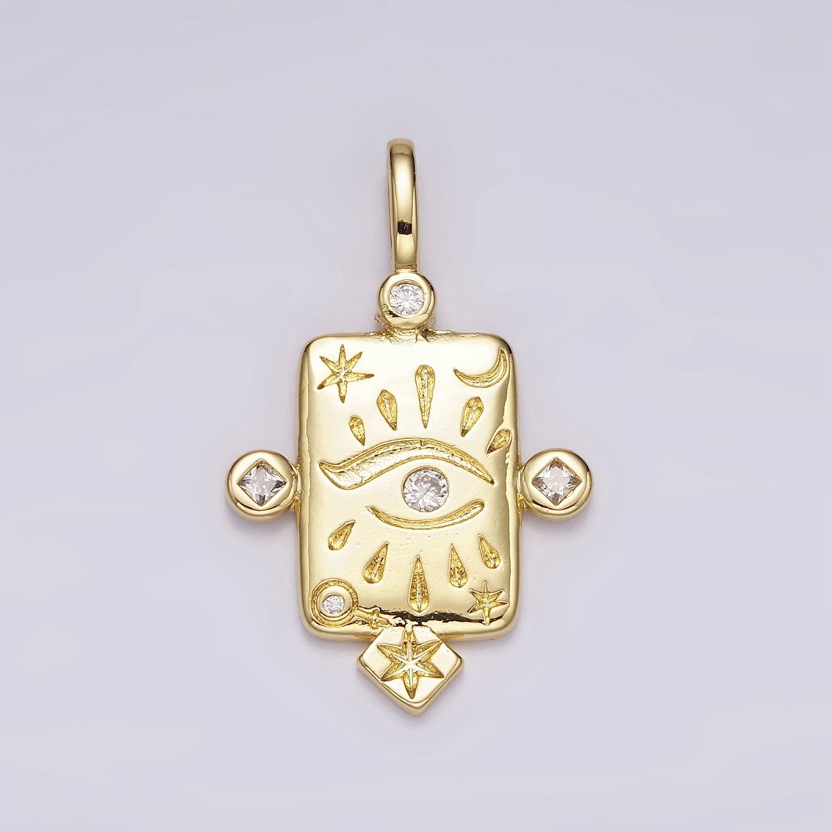 14K Gold Filled Evil Eye Celestial Star Moon CZ Dotted Rectangular Pendant | AH112
