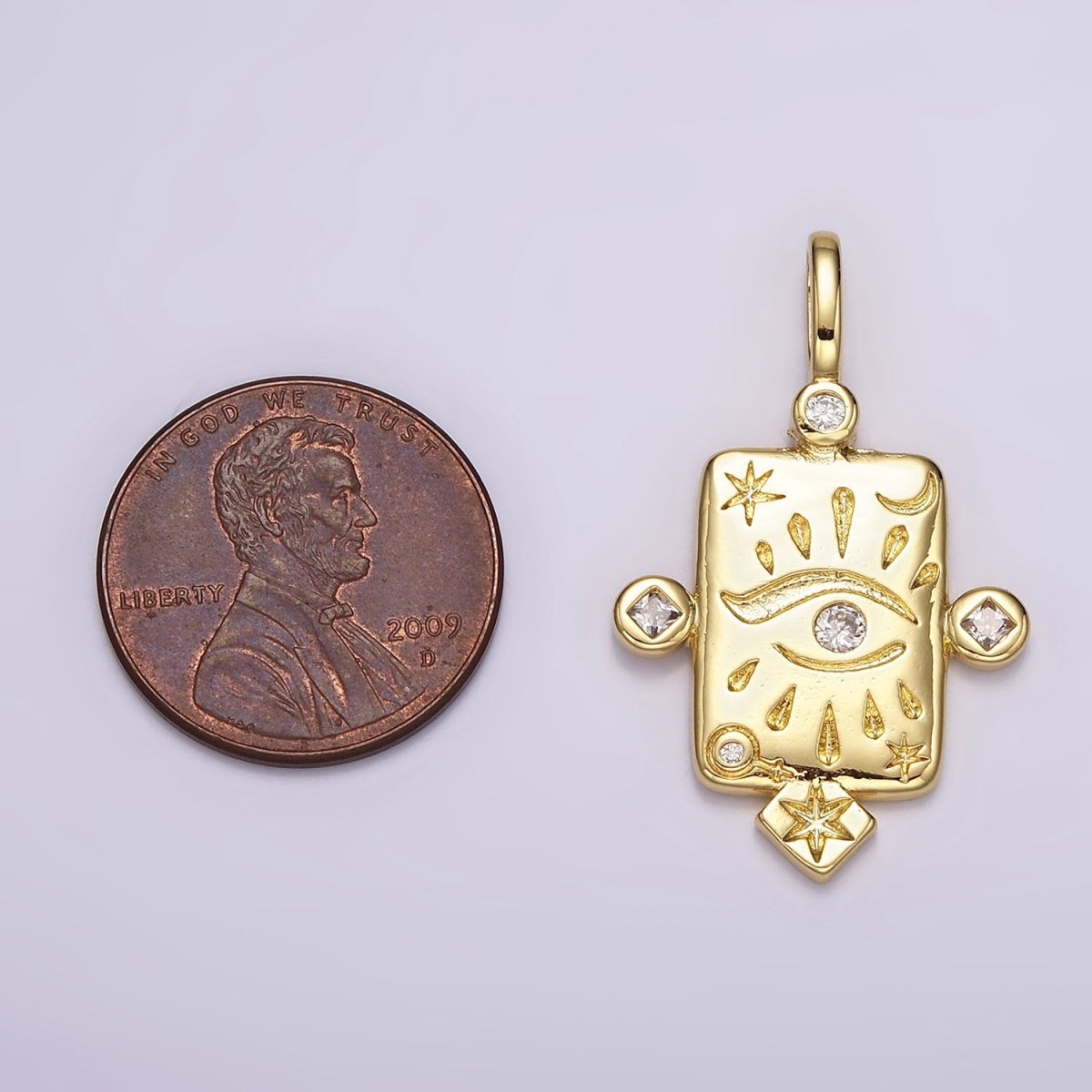 14K Gold Filled Evil Eye Celestial Star Moon CZ Dotted Rectangular Pendant | AH112