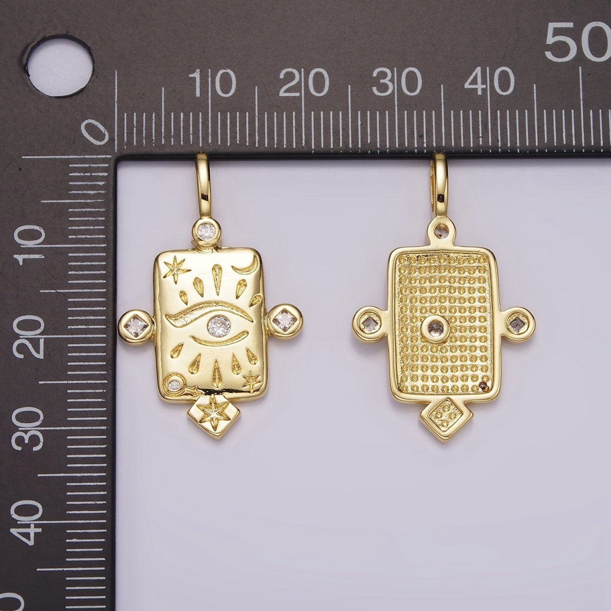 14K Gold Filled Evil Eye Celestial Star Moon CZ Dotted Rectangular Pendant | AH112