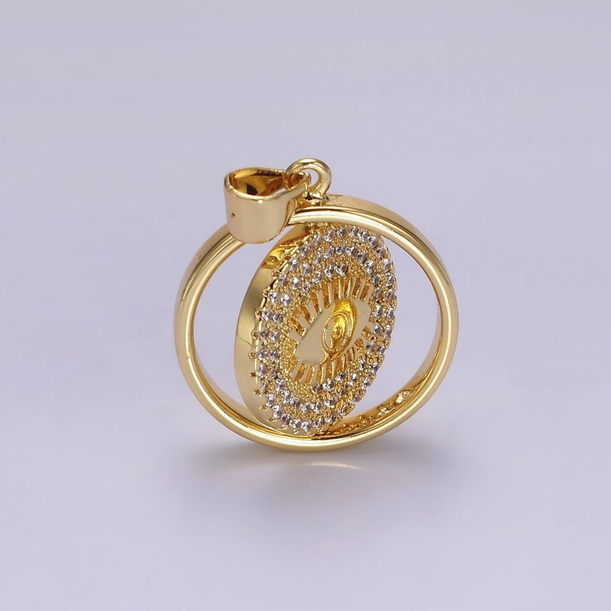 14K Gold Filled Evil Eye Clear Micro Paved CZ Double Sided Spinning Round Pendant | N1288