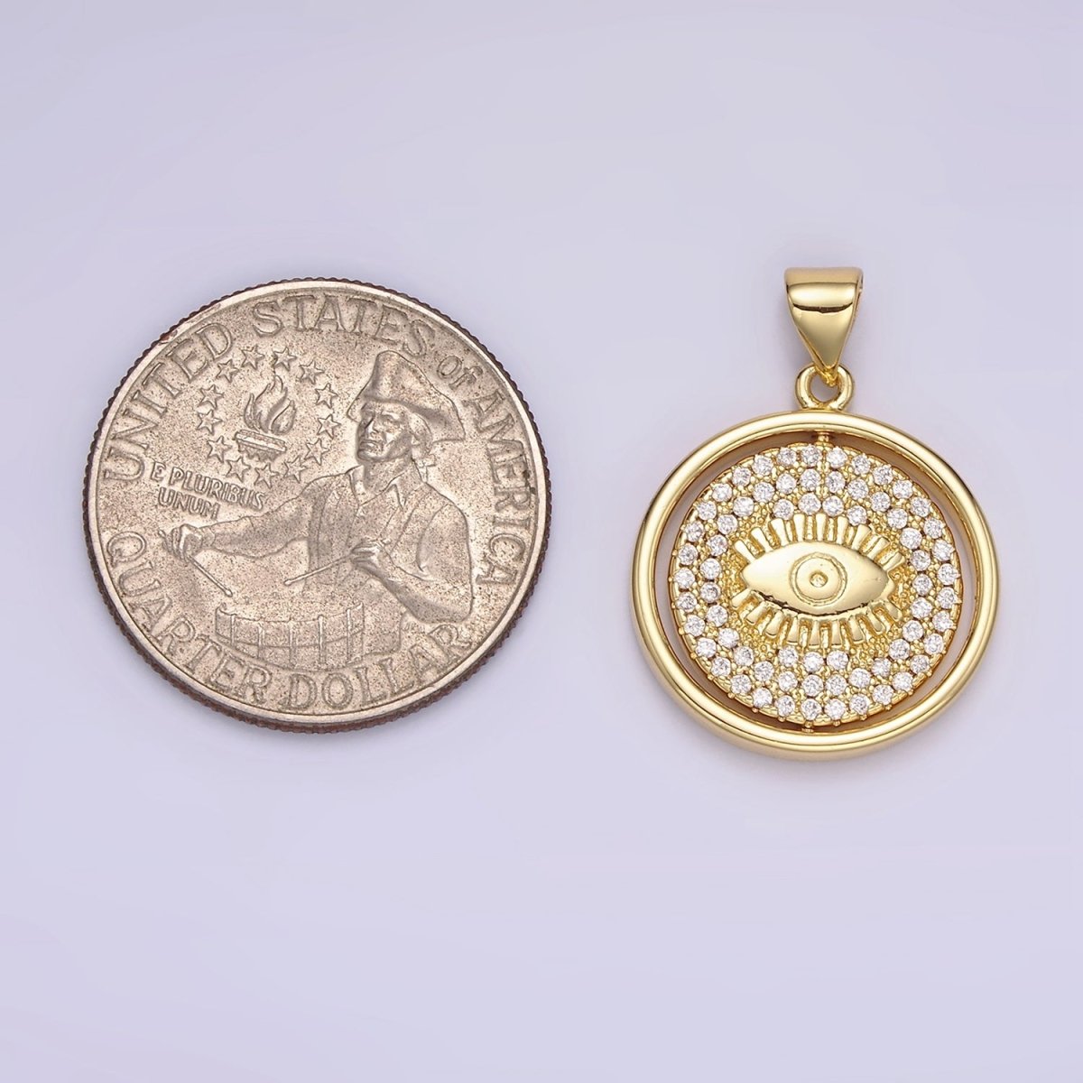 14K Gold Filled Evil Eye Clear Micro Paved CZ Double Sided Spinning Round Pendant | N1288