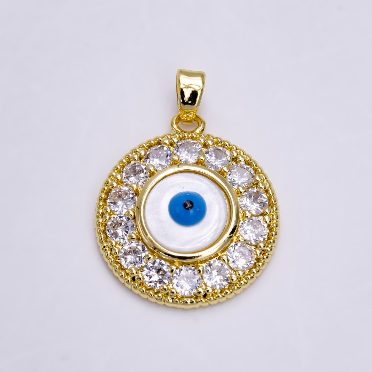 14K Gold Filled Evil Eye Clear Micro Paved CZ Lined Braided Round Pendant | N1463