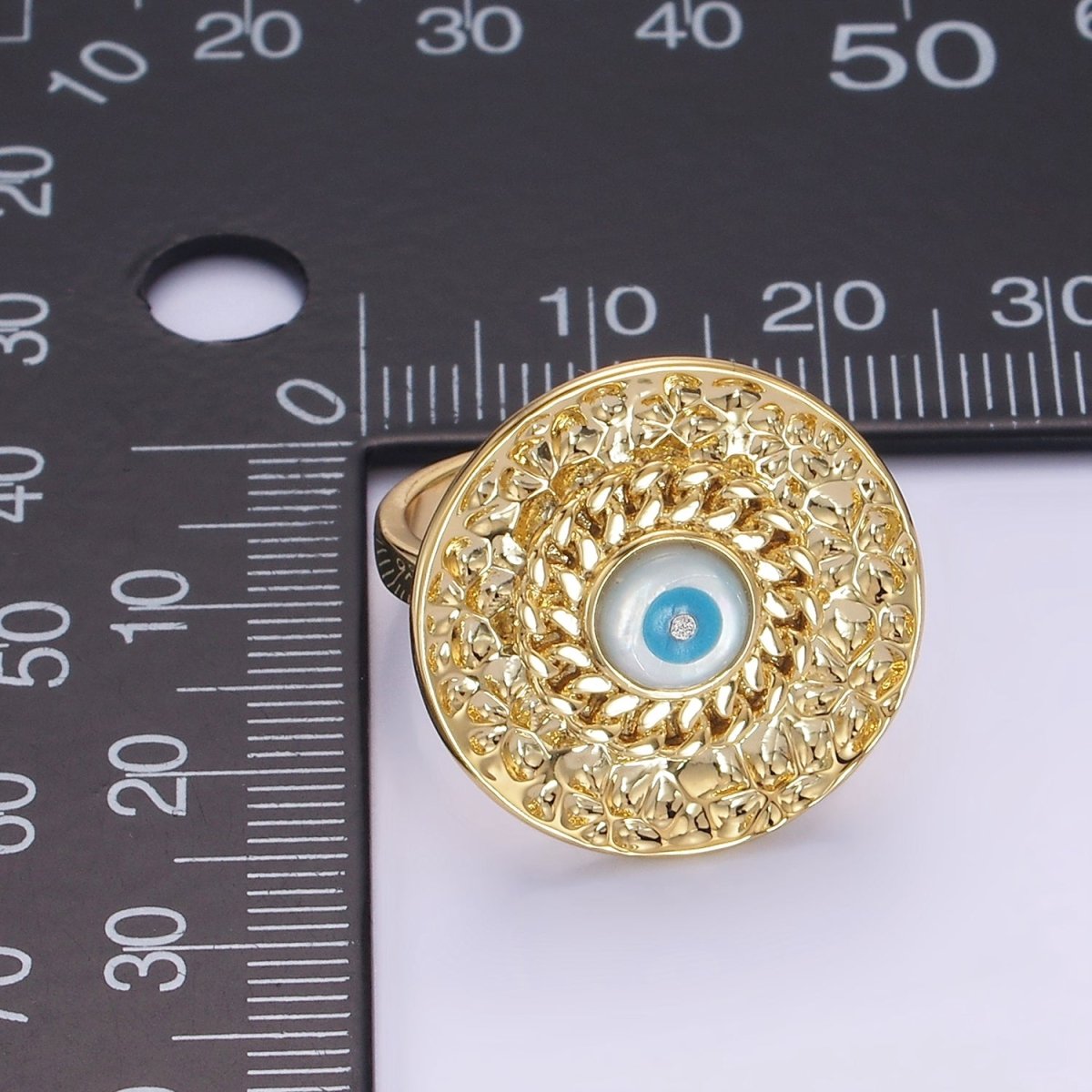 14K Gold Filled Evil Eye Curb Hammered Round Ring | O1341